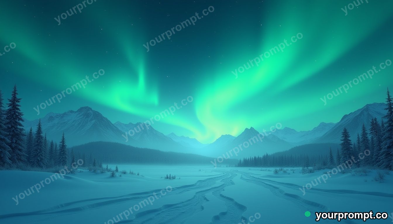 The northern lights rippling green over a snowy valley