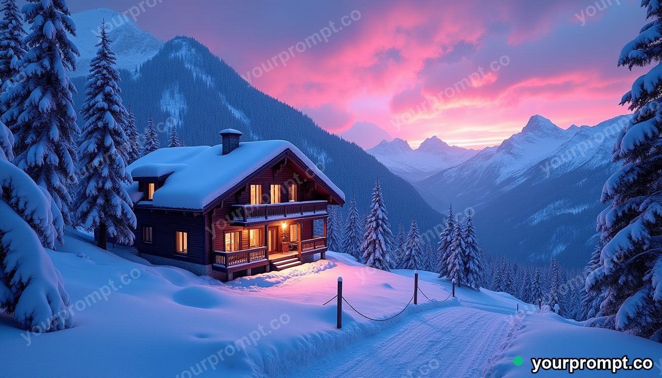 A snow-covered alpine chalet at twilight