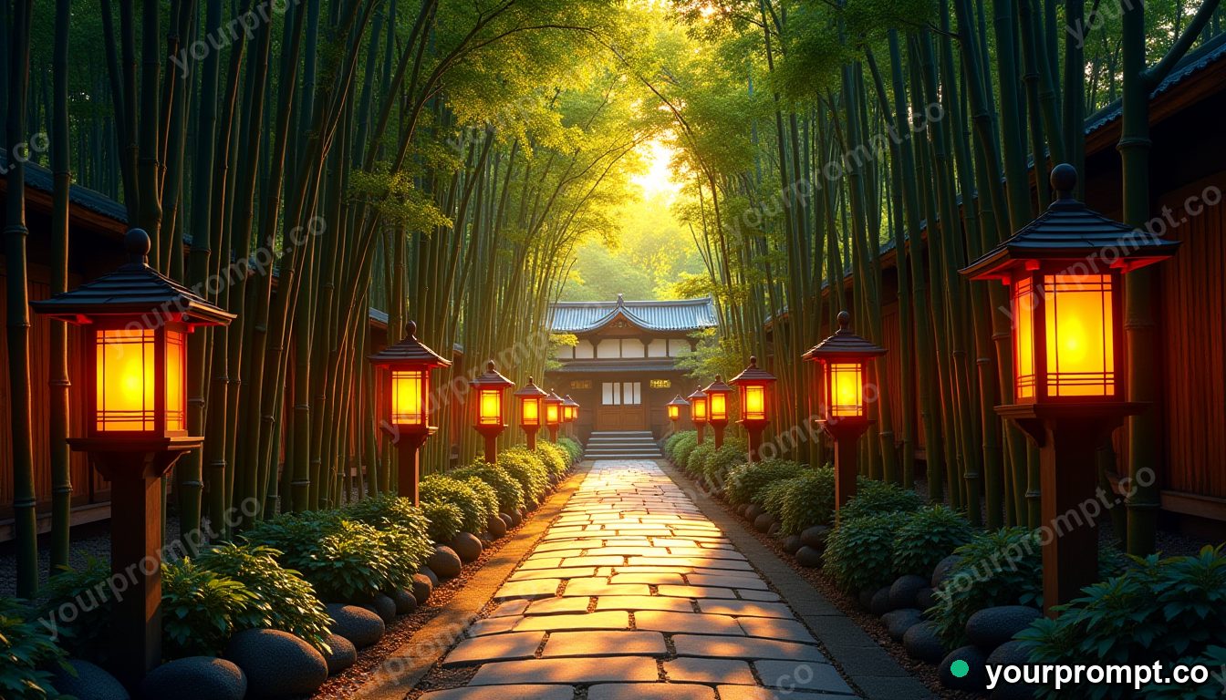 A quiet Kyoto bamboo path with stone lanterns