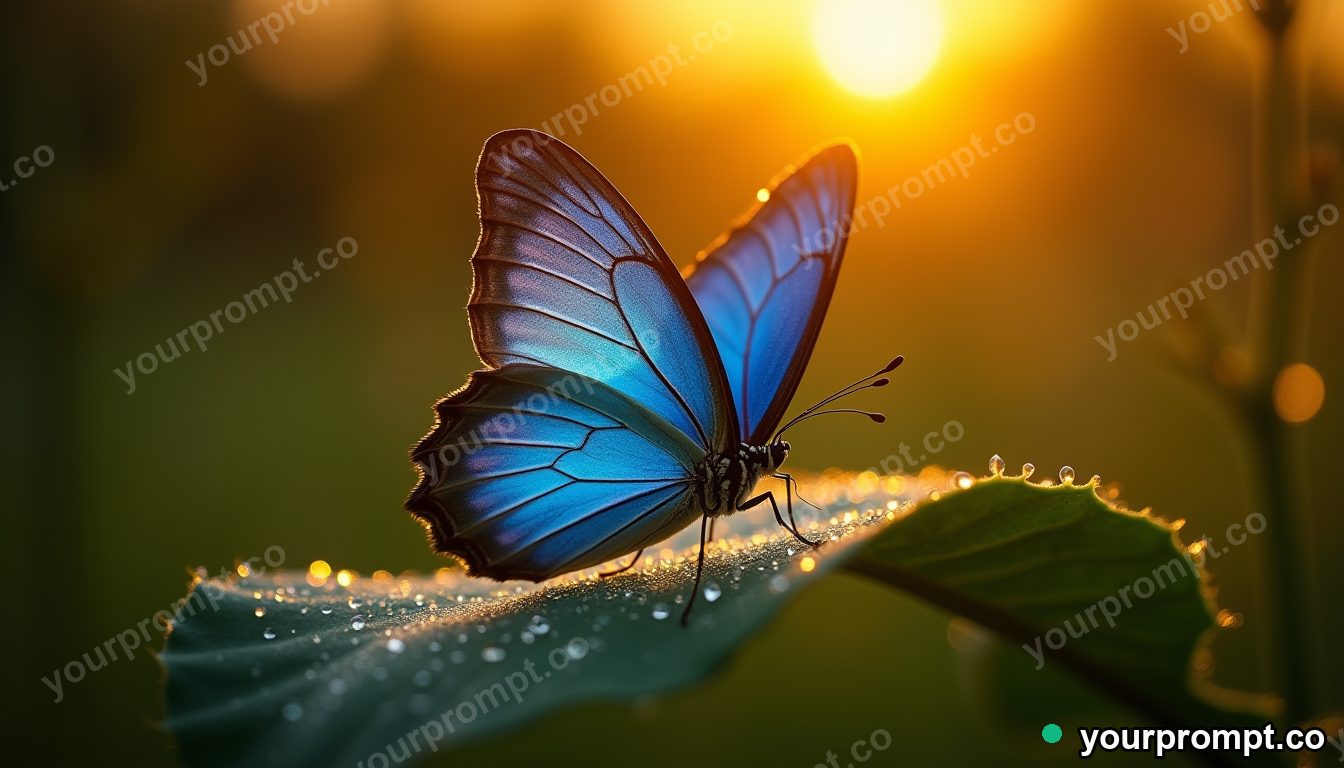 A blue morpho butterfly on a dewy leaf, macro