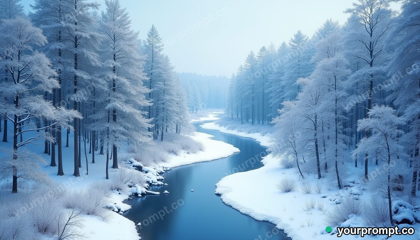 An aerial view of a snow-covered forest cut by a frozen river
