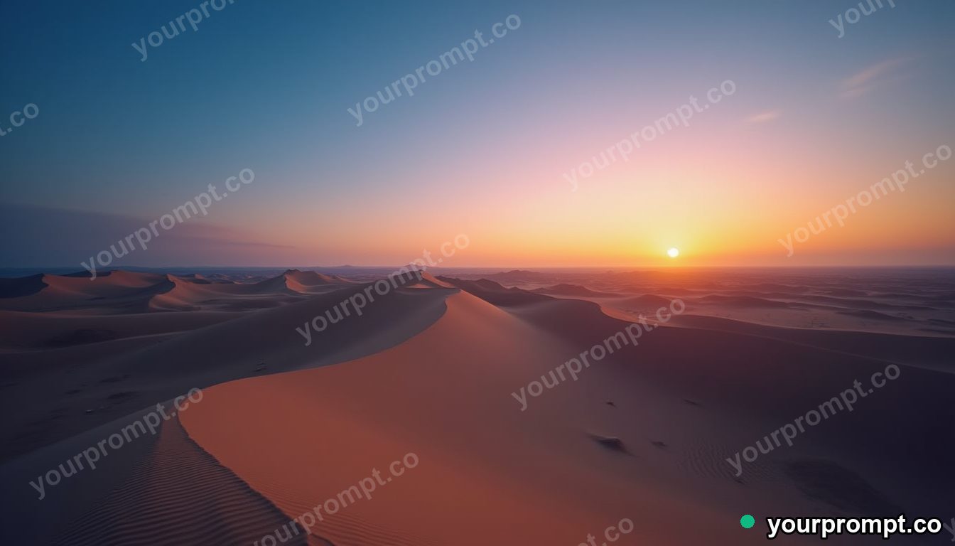 A desert of towering sand dunes at sunset
