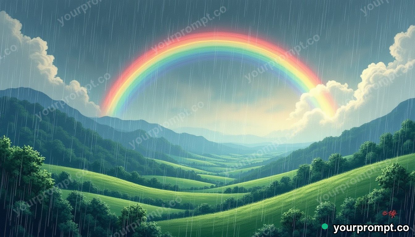 A double rainbow arcing over emerald hills after rain