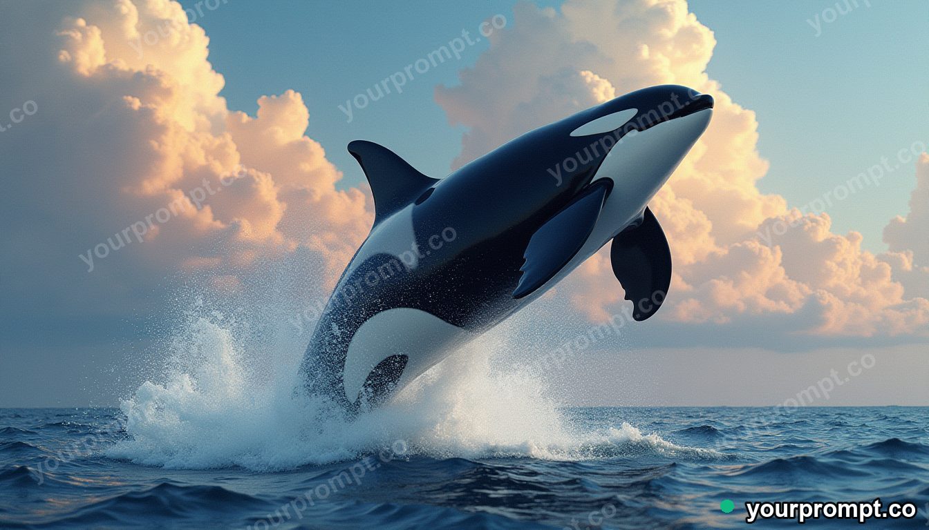 An orca breaching against a dramatic sky