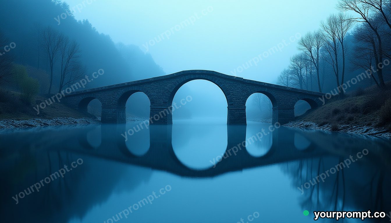 An ancient arched bridge reflected in still water