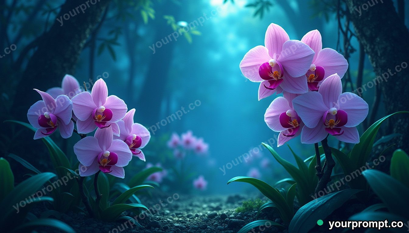 A cluster of wild orchids in a misty jungle