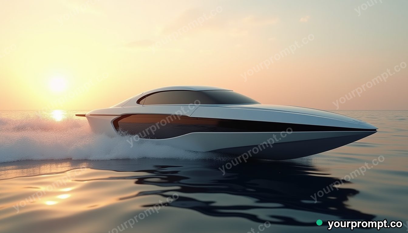 A futuristic hydrofoil racing across the ocean