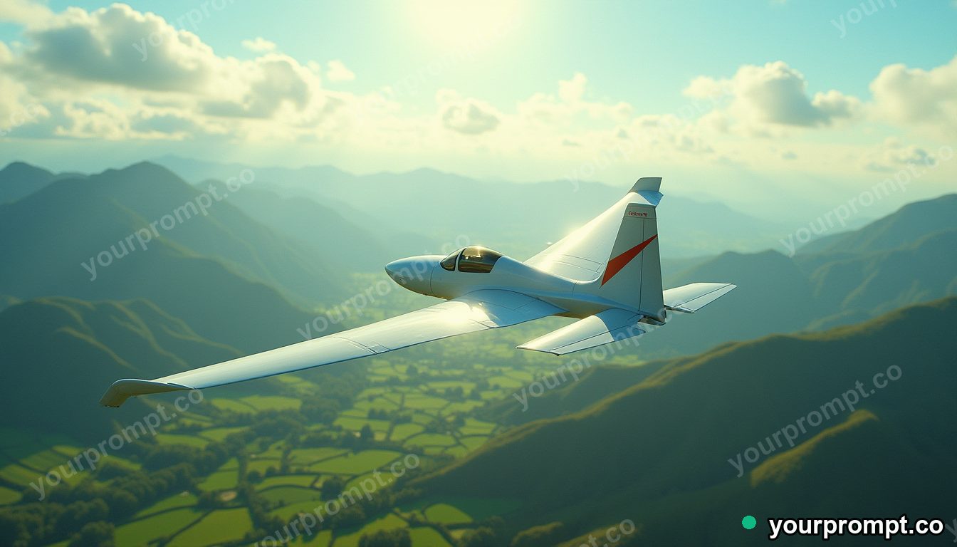 A glider soaring silently over green valleys
