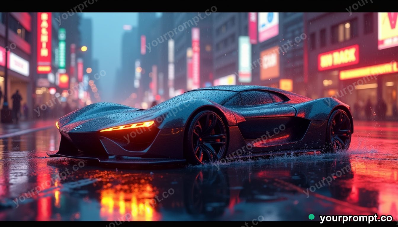 A sleek electric hypercar in a rain-soaked neon city