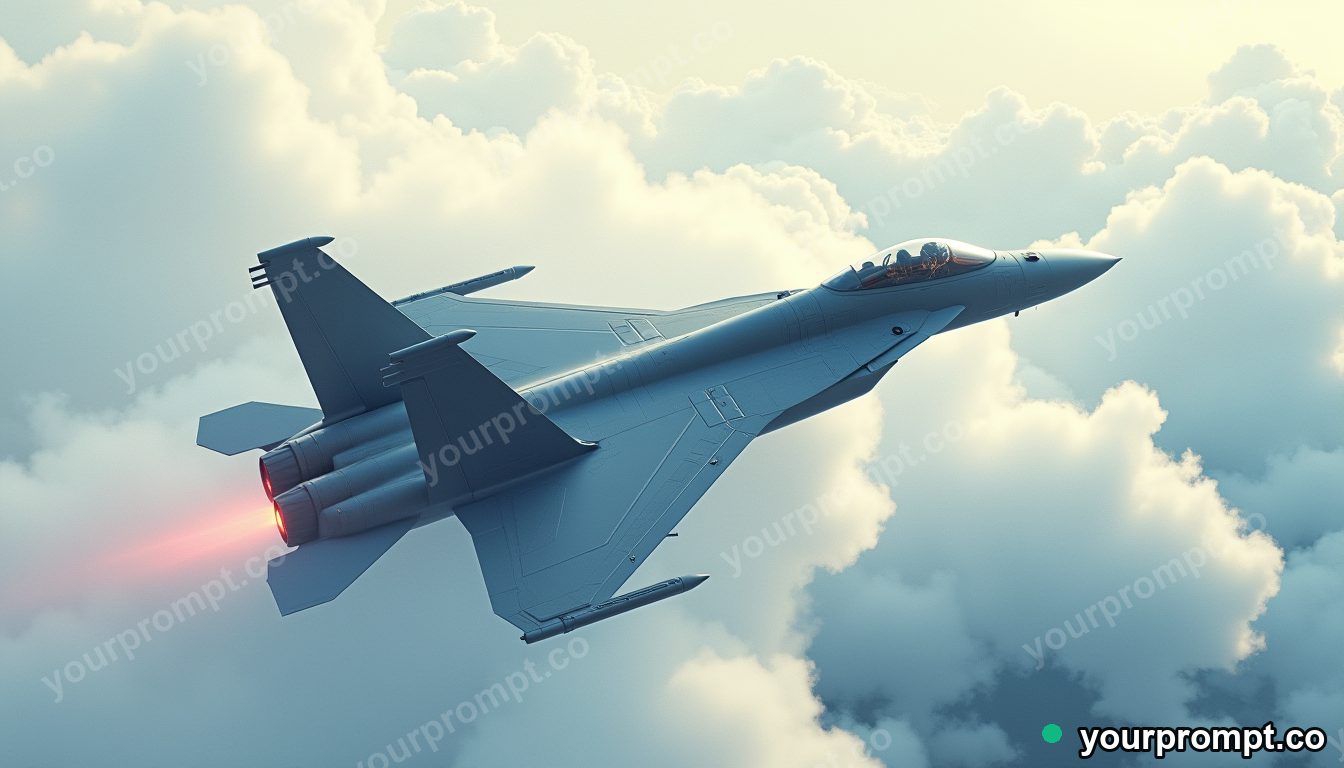 A fighter jet bursting through a wall of clouds