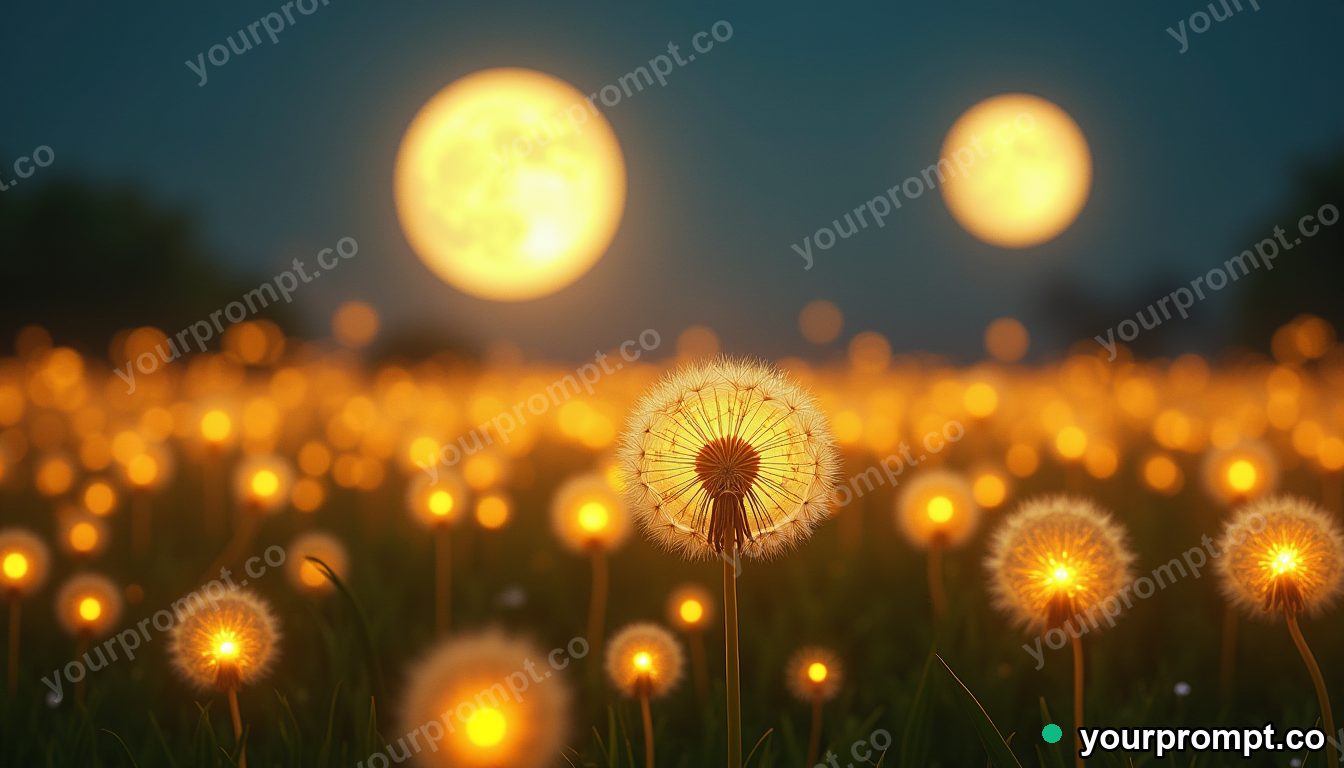 An endless field of glowing dandelions under twin moons