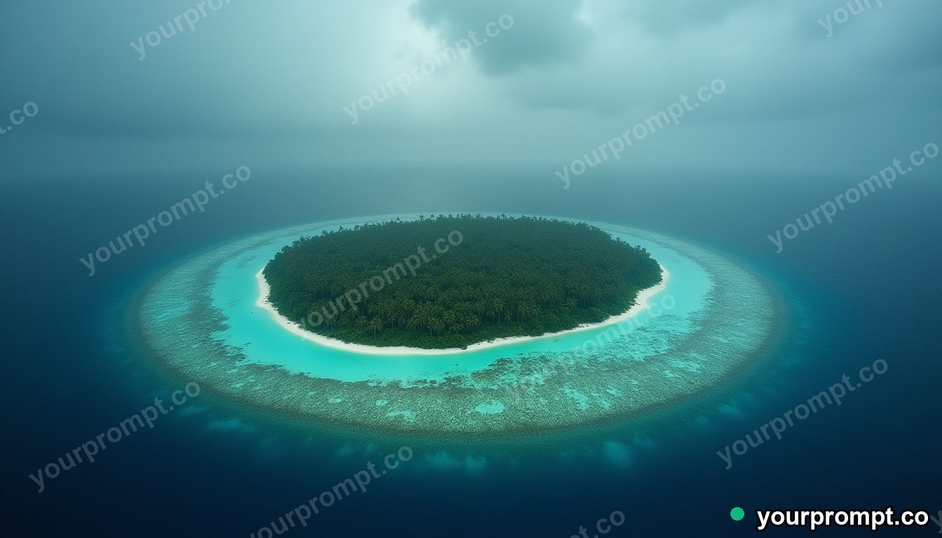 An aerial view of a tropical atoll ringed by reef