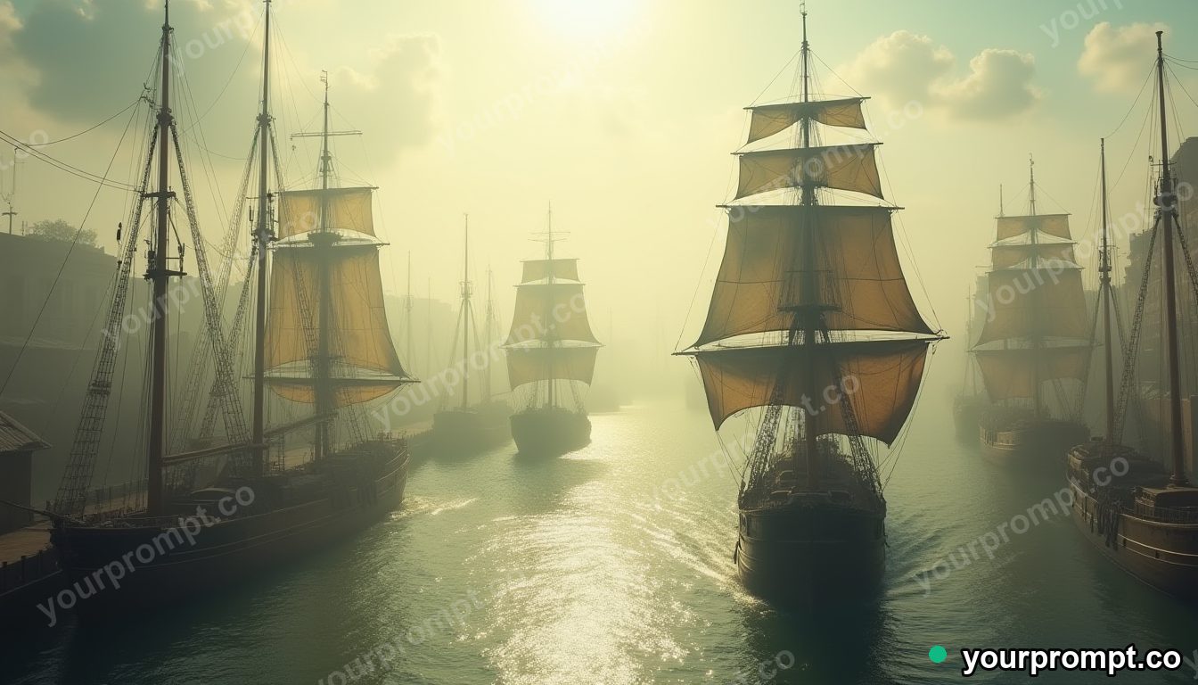 An old sailing harbor crowded with tall ships