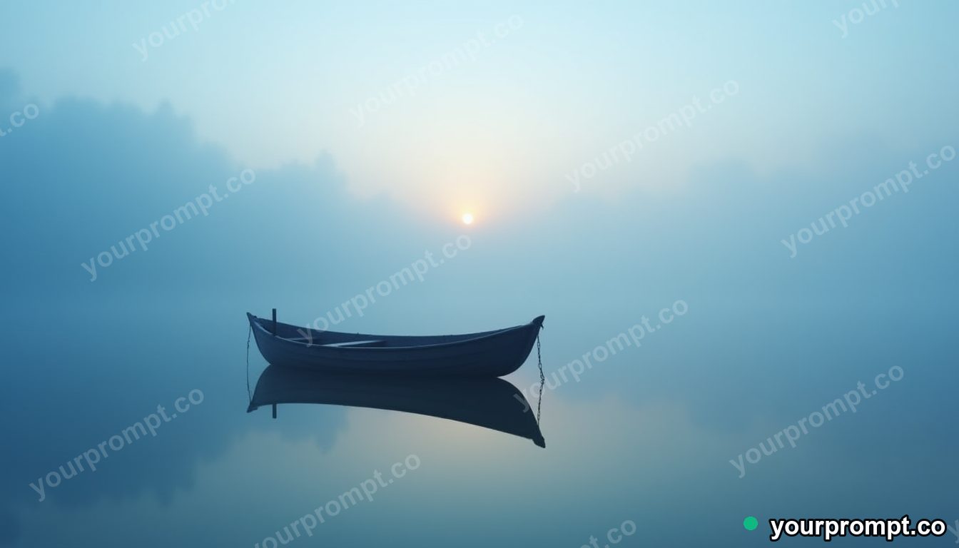 A wooden fishing boat on a misty calm lake at dawn