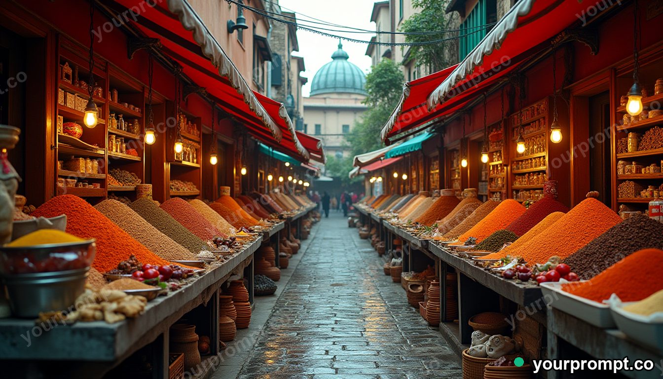 A vibrant Moroccan spice market with colorful stalls