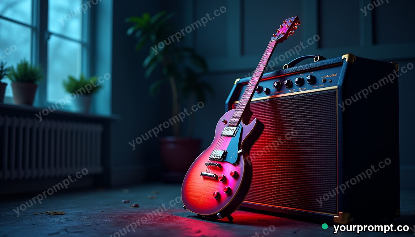 A vintage electric guitar leaning against an amp, neon glow