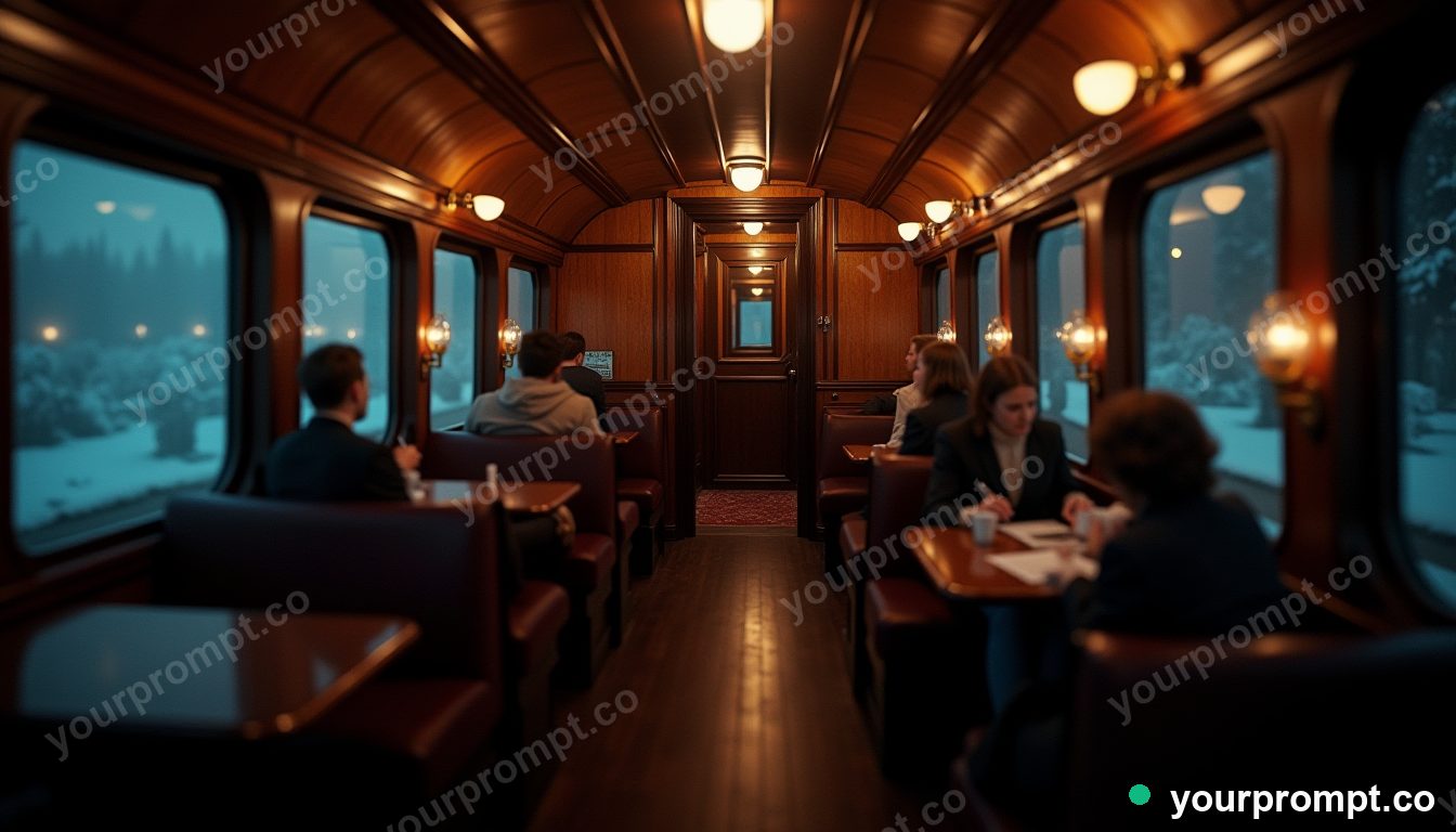 A vintage orient-express carriage interior at night