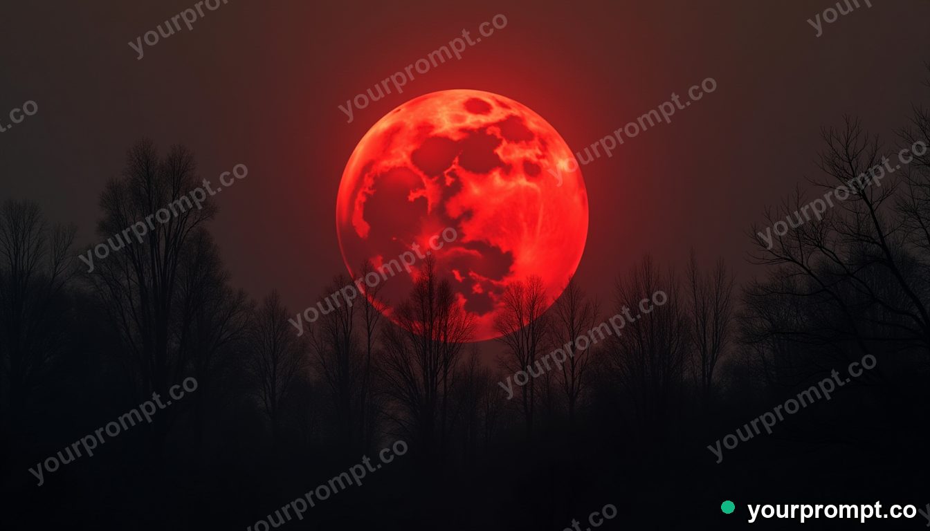 An eerie red blood-moon eclipse over silhouetted trees