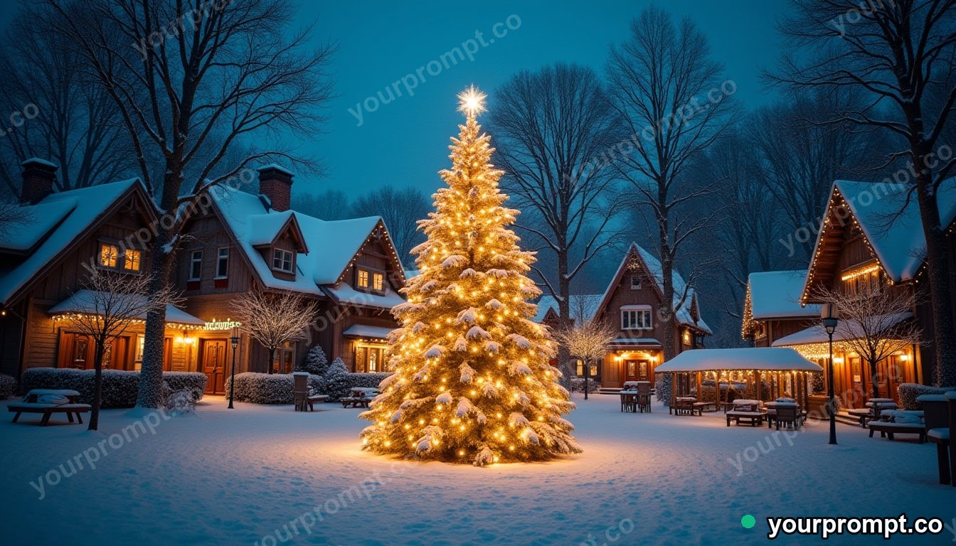 A snowy village square with a glowing Christmas tree