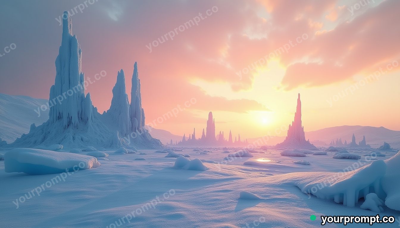 An ice planet with towering frozen geysers