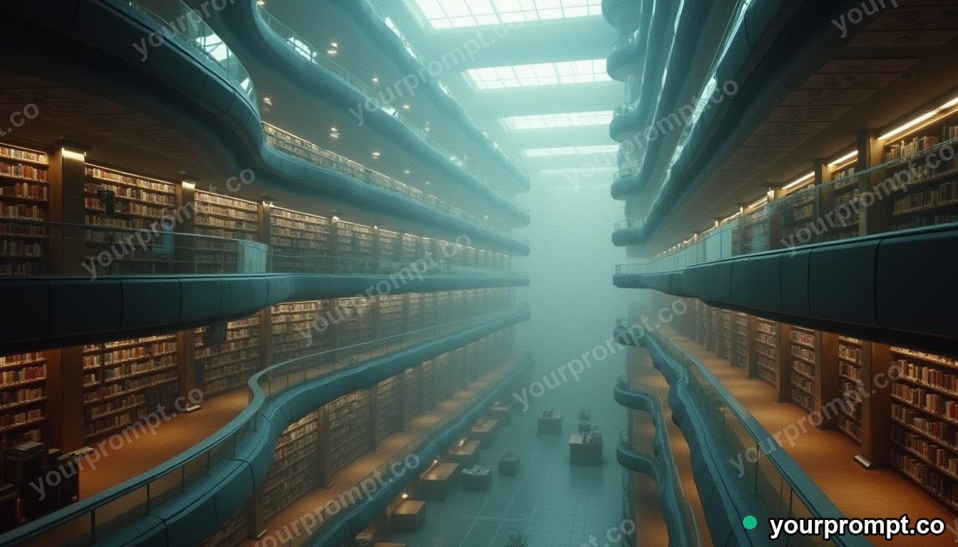 A futuristic library atrium with curving balconies
