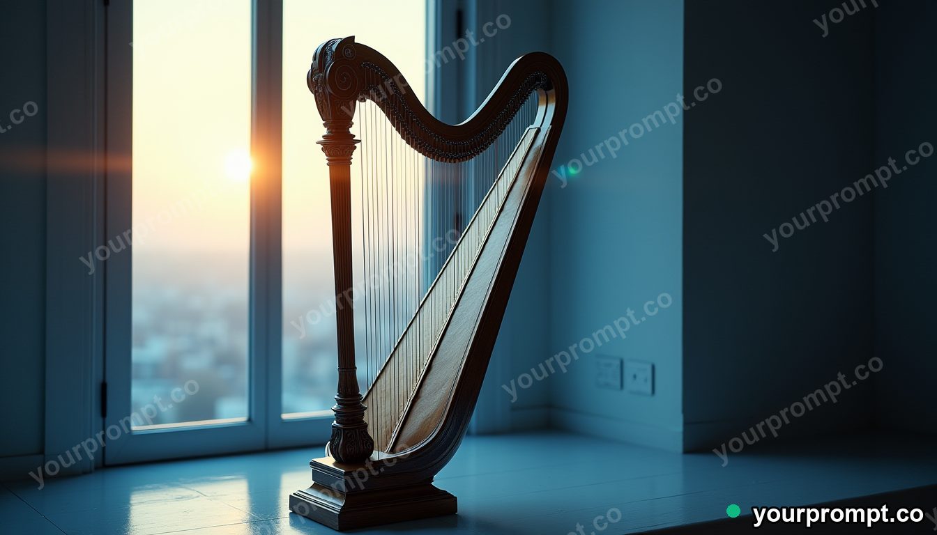 An ornate harp beside a sunlit window