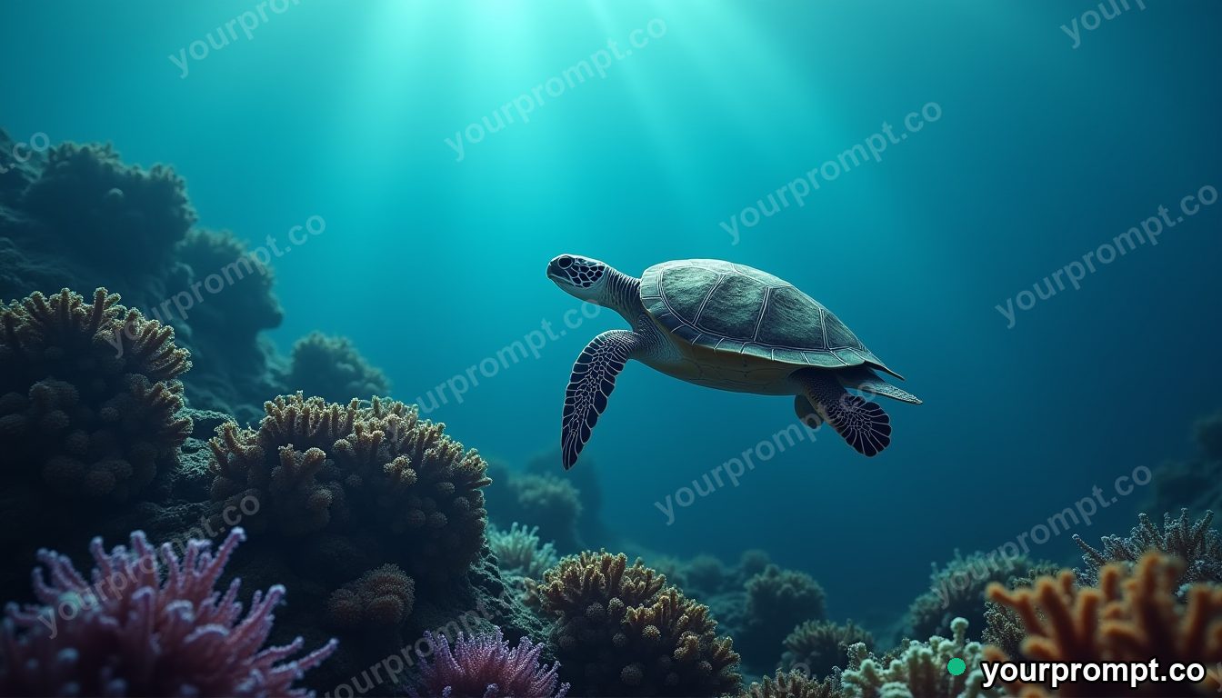 A sea turtle drifting over a colorful reef
