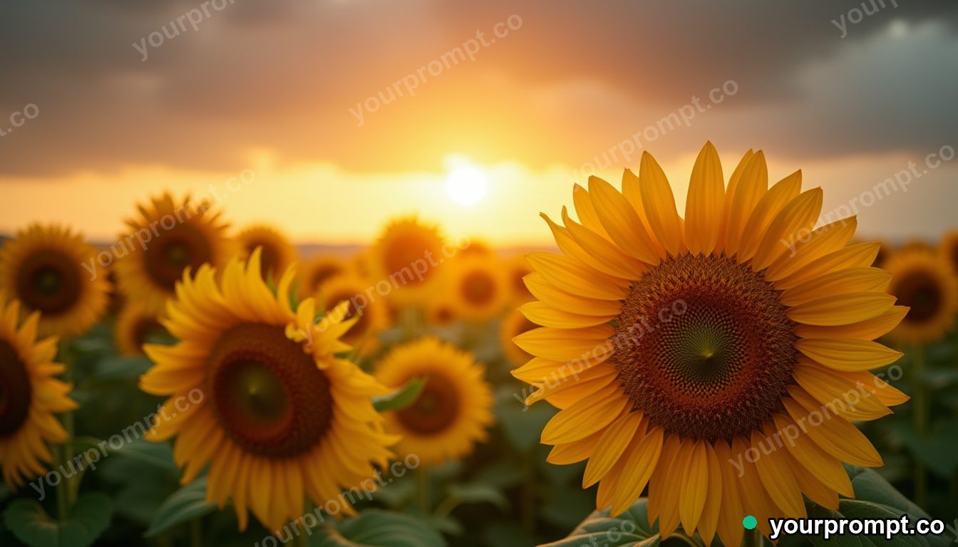 A field of giant sunflowers facing the sun
