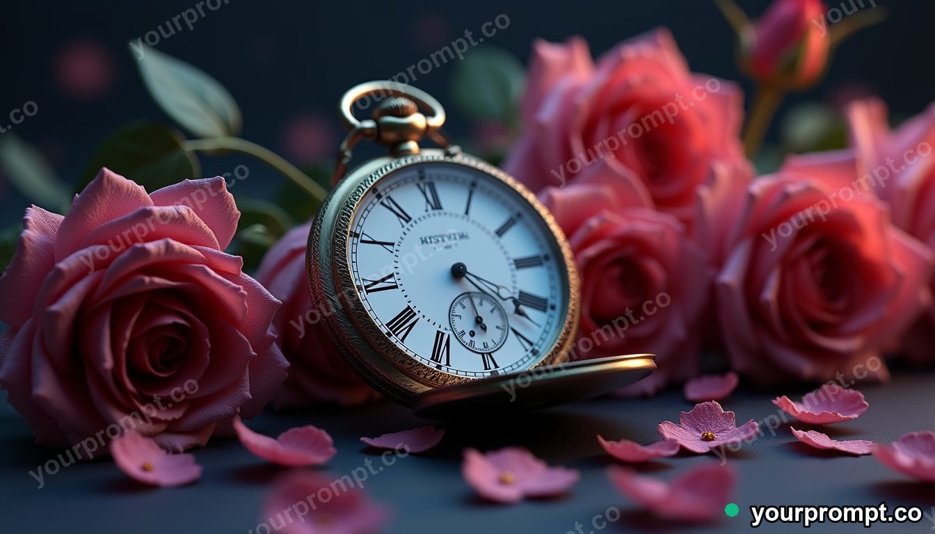 An antique pocket watch beside dried roses