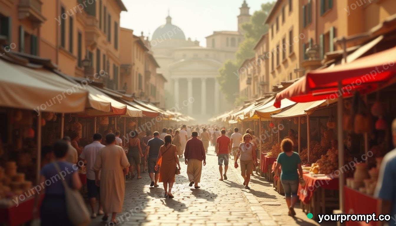 A bustling ancient Roman marketplace at midday