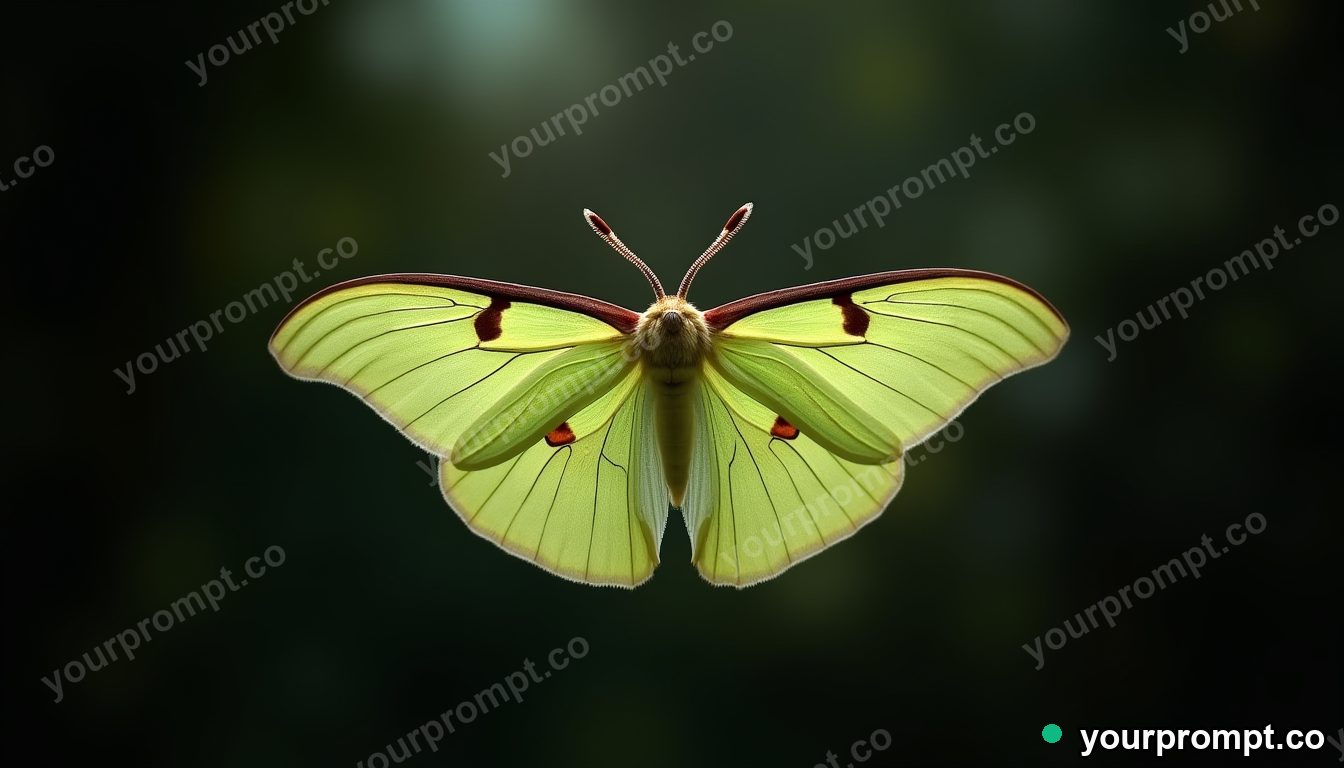A luna moth with pale green wings at night