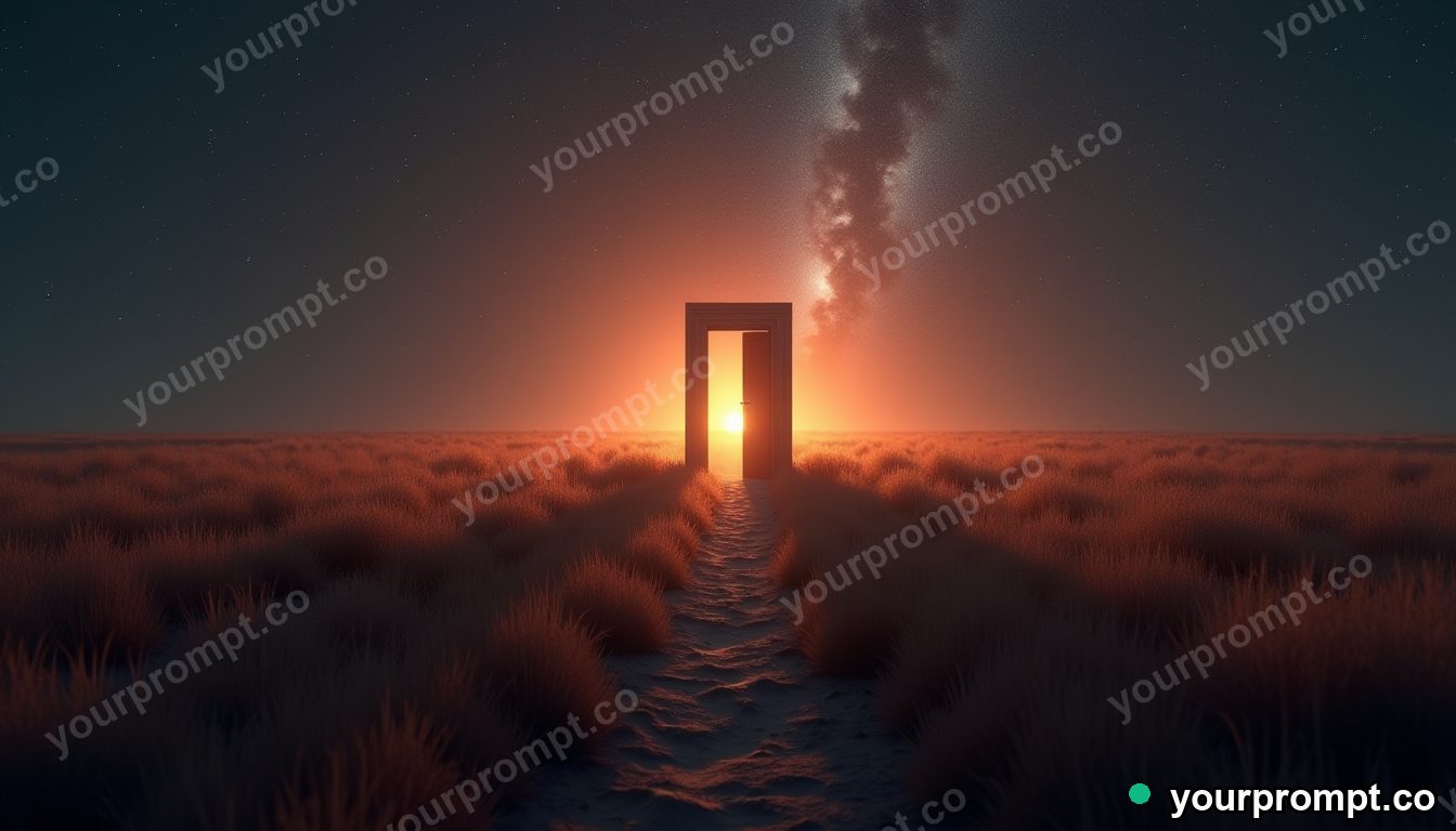 A lone door in an empty field opening onto deep space in 3D octane render style — AI-generated image from a text prompt