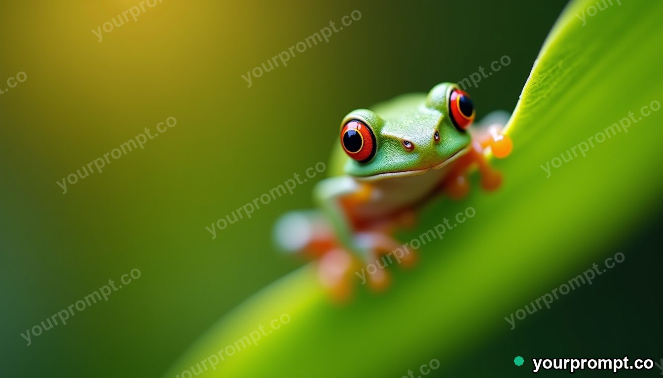 A tiny tree frog perched on a bright leaf, macro