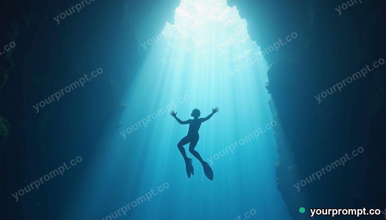 A diver silhouetted in a cathedral of light underwater