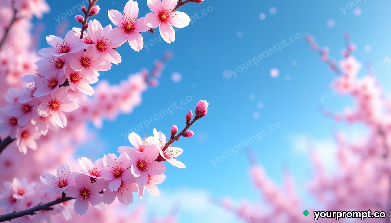 Cherry blossom branches in full bloom against blue sky
