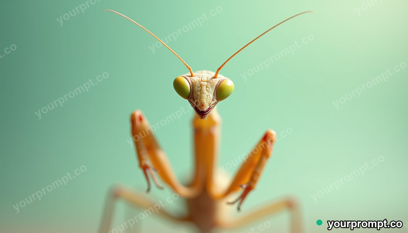A praying mantis in striking pose, extreme close-up