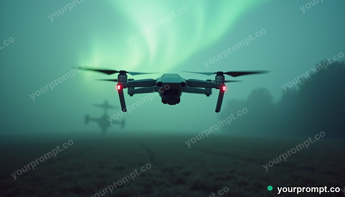 A battle drone hovering over a foggy battlefield