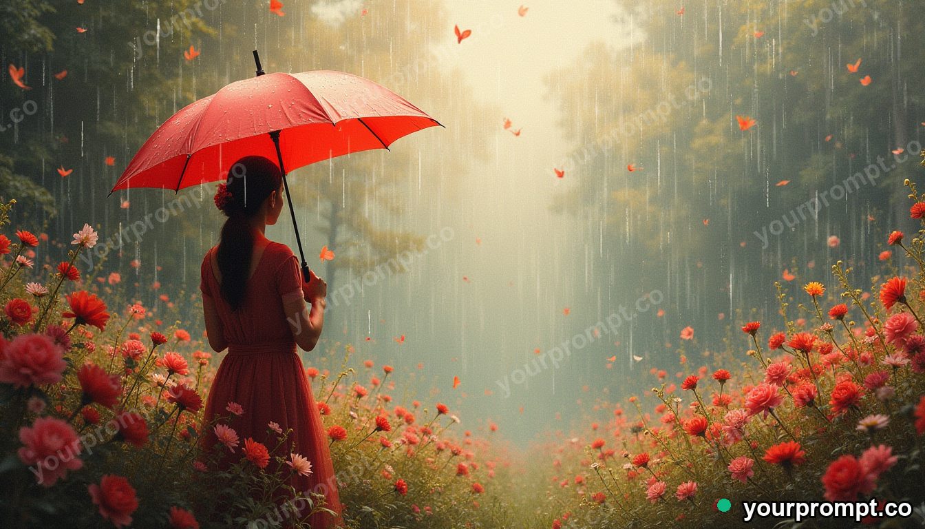 An umbrella raining flowers instead of water in rich oil painting style — AI-generated image from a text prompt
