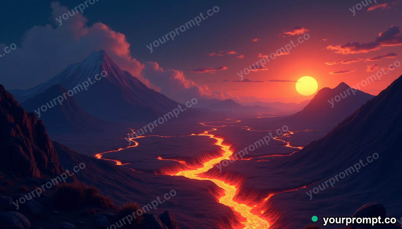 A volcanic landscape with rivers of glowing lava at night