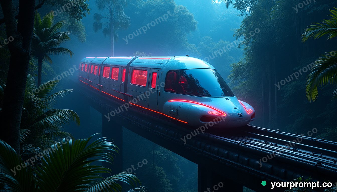 A futuristic pod monorail curving through jungle