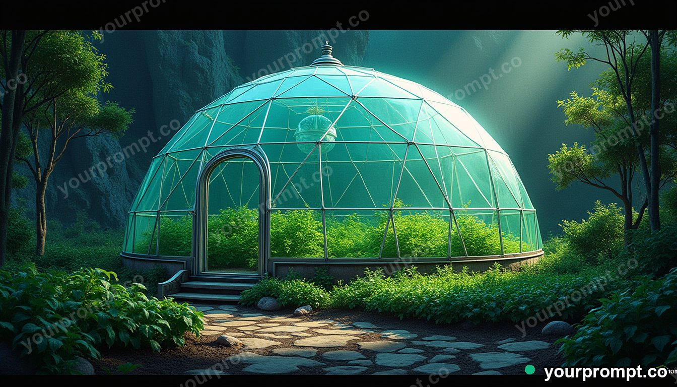 A domed Mars greenhouse full of green crops