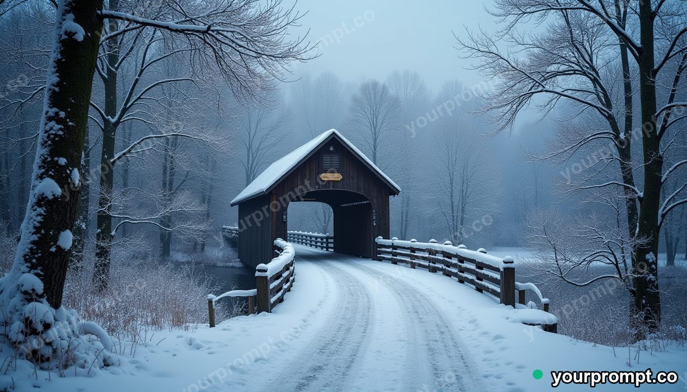 A snow-covered covered bridge in a quiet wood