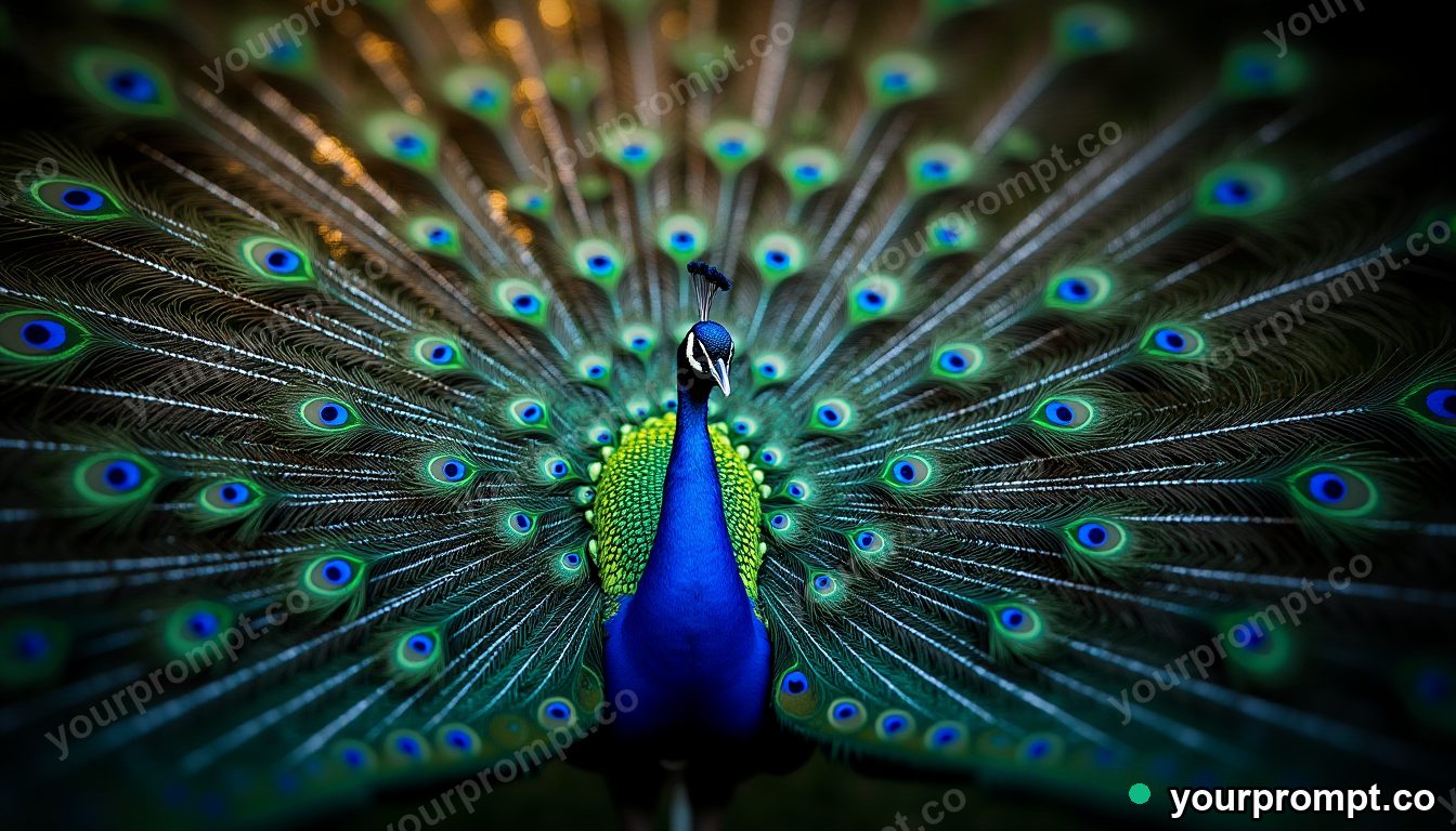 A peacock fanning iridescent tail feathers