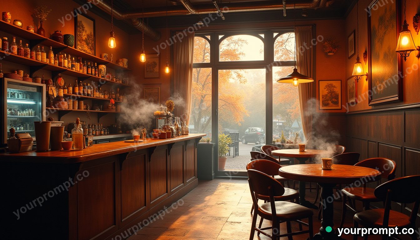 A steamy artisan coffee shop interior in the morning