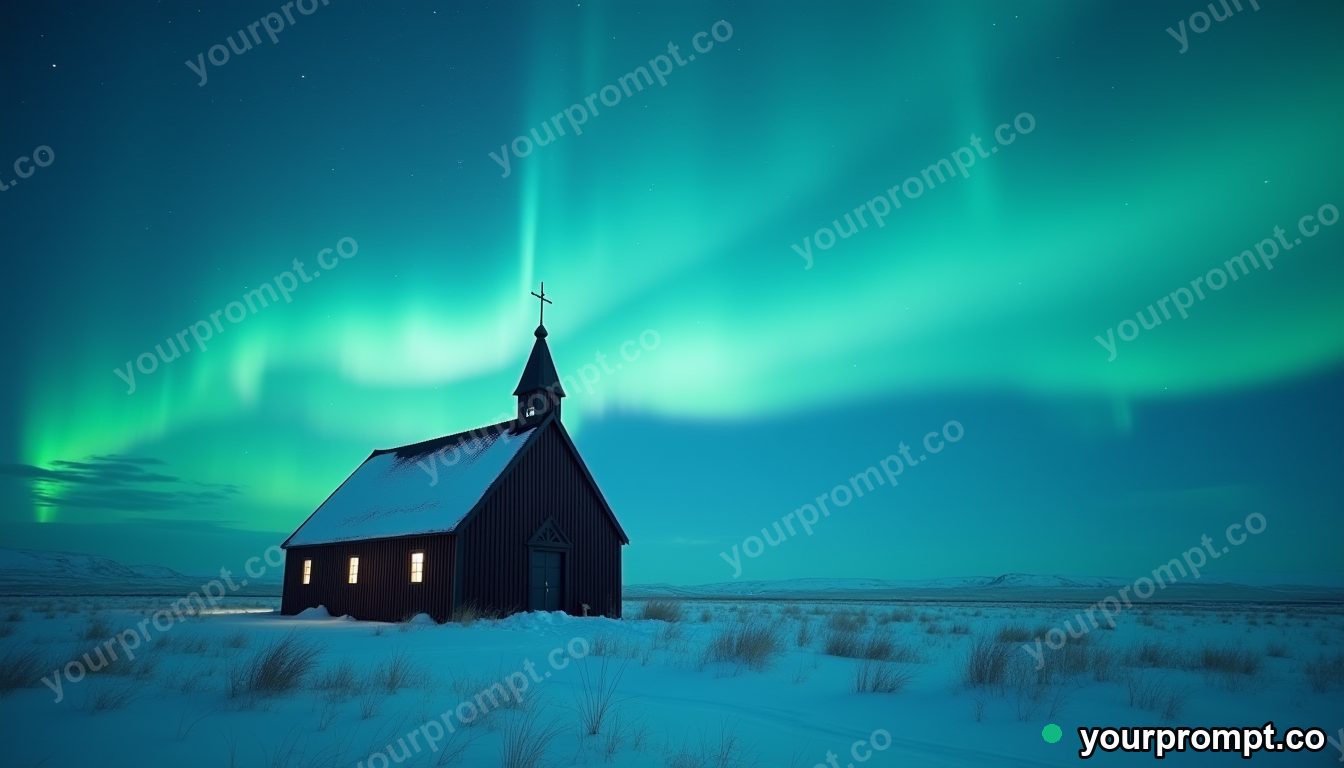 An icy aurora over a remote Icelandic church