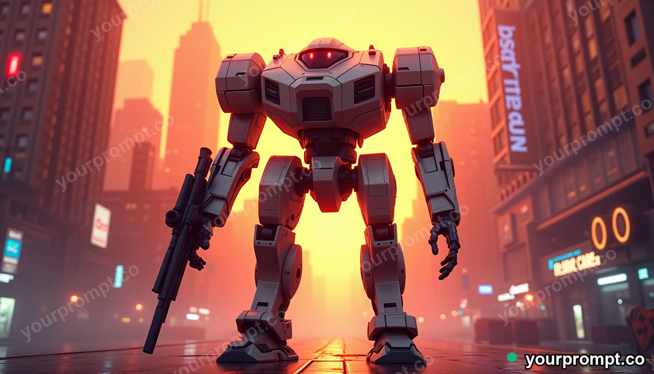 A towering mech standing guard in a neon city