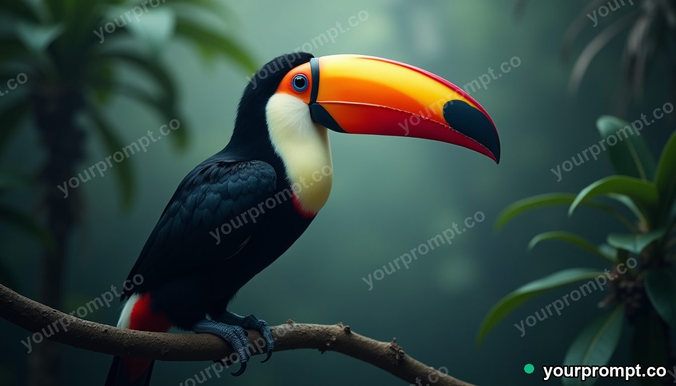 A toucan with a vivid beak on a jungle branch