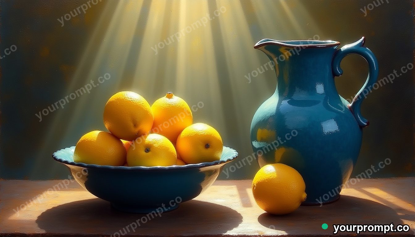 A bowl of lemons beside a blue ceramic jug