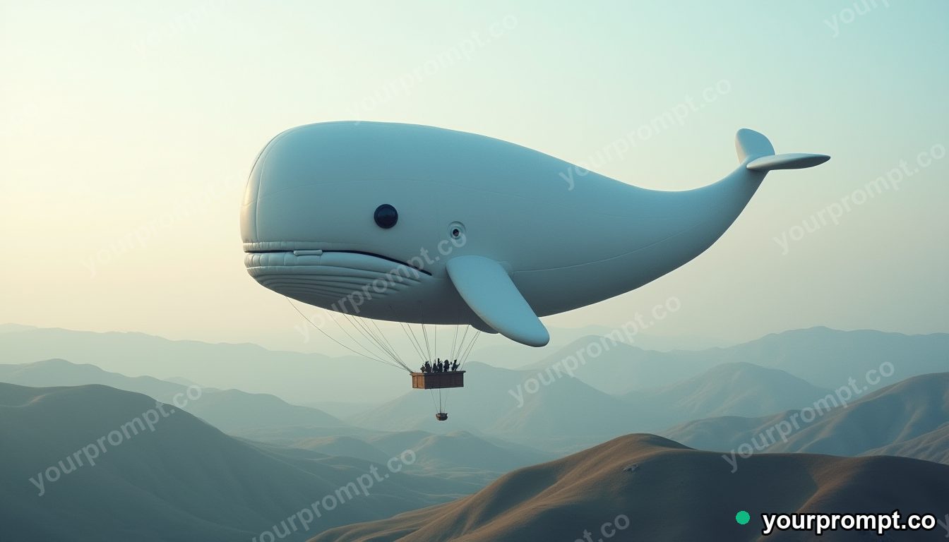 A hot-air balloon shaped like a whale over hills