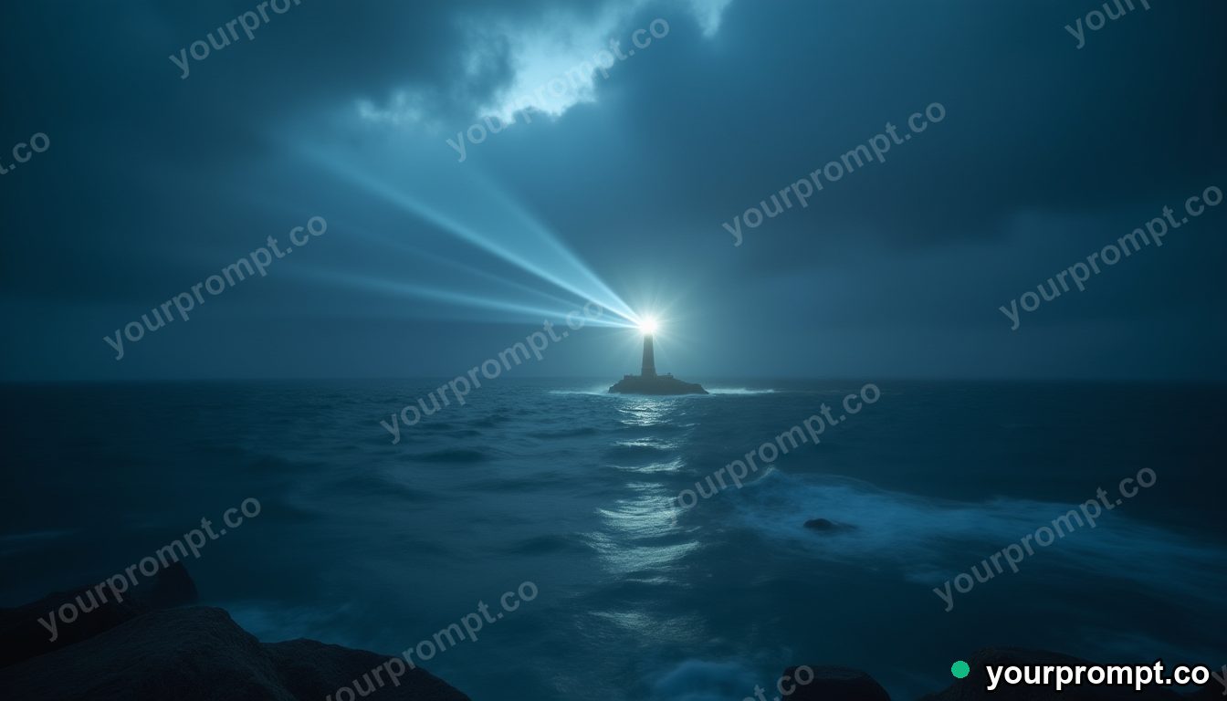 A lone lighthouse beam sweeping a dark stormy sea